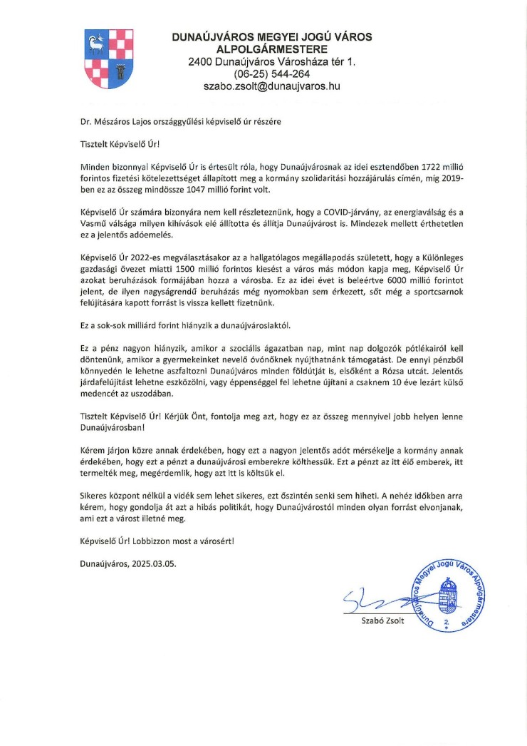 Nyílt levél dr. Mészáros Lajos országgyűlési képviselőhöz